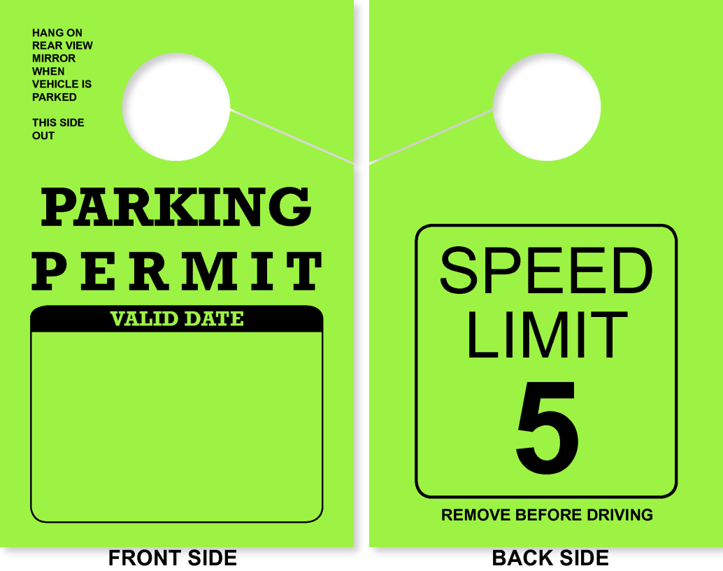 Parking Permit Hang Tag | TropicTags.com | Speed Limit 5 On Back 